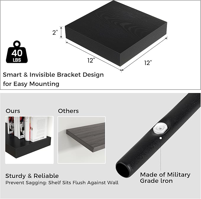 Square Floating Shelves for Wall, 12" W x 12" D x 2" H, 2 Pack of Small Wall Mounted Engineered Wood Shelves with Invisible Brackets for Living Room, Bedroom, Bathroom, Kitchen Decor, Black