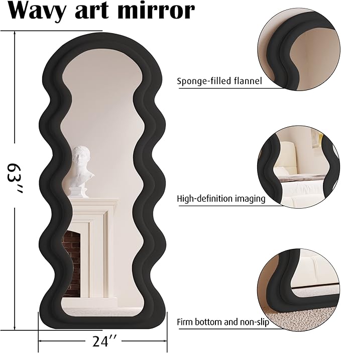 BOJOY Full Length Wavy Mirror, 63"x24", Arched Floor & Wall Mirror - Standing, Hanging or Leaning - Flannel Wrapped Wooden Frame - Black