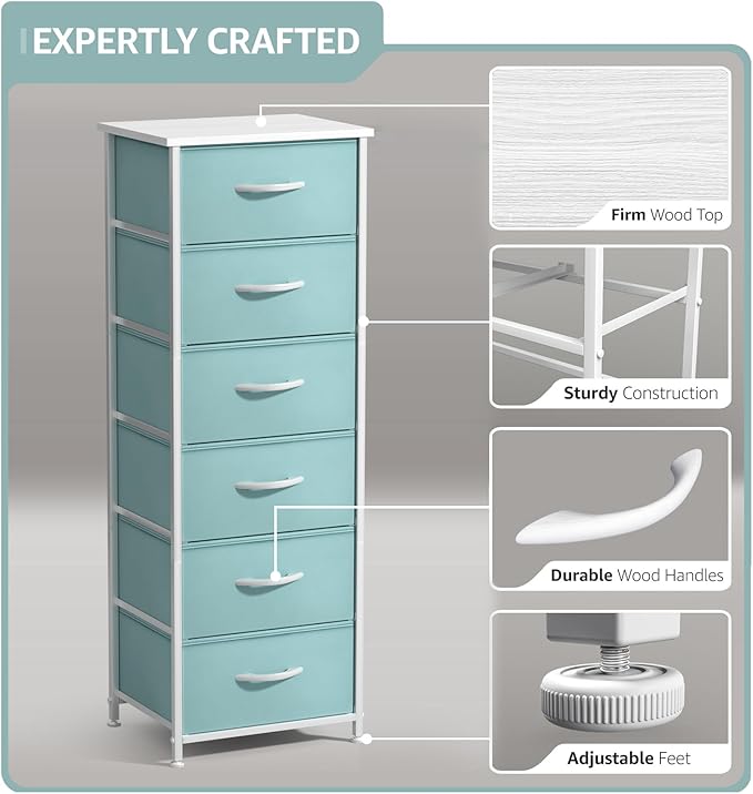 Sorbus Fabric Dresser for Kids Bedroom - Chest of 6 Drawers, Tall Storage Tower, Clothing Organizer, for Closet, for Playroom, for Nursery, Steel Frame, Fabric Bins - Wood Handle (Aqua)
