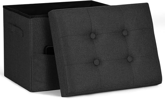 Storage Ottoman Foot Rest with Thicker Foam Padded Seat. Small Bench with Storage. 350 lbs Linen Folding Footstool Bench for Living Room, Bedroom, Home Office. 17x13x13in, Gray Black