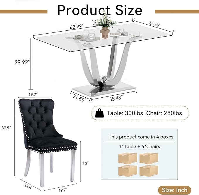 70" Modern Silver Glass Dining Table Set for 4, 5-Piece Rectangle Kitchen Dining Room Table Set with Steel Base & 4 Black Velvet Upholstered Chairs, Modern Glass Kitchen Table and Chairs Set of 4