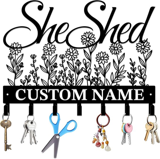 Personalized She Shed Keys Hooks,Custom Name Metal She Shed Art Keys Hooks,Metal She Shed Lover Wall Home Storage Decorative Keys Hooks,Key Holder Hooks for Wall (Style H)