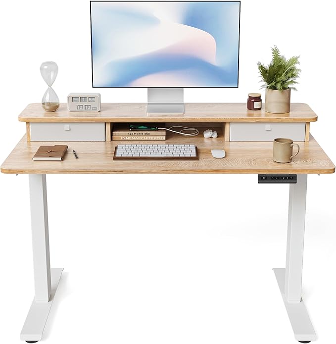 FEZIBO 40 x 24 Inch Height Adjustable Electric Standing Desk with Double Drawer, Computer Desk, Home Office Stand Up Table with 4 Height-Adjustable Feets & 2 Hooks, Maple