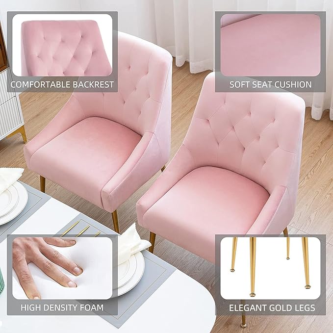 Modern Dining Chairs Set of 6, Mid Century Chairs with 5.12” Cushions and Golden Legs, Velvet Upholstered Dining Chairs with Back Pull Rod, for Kitchen, Living Room, Pink