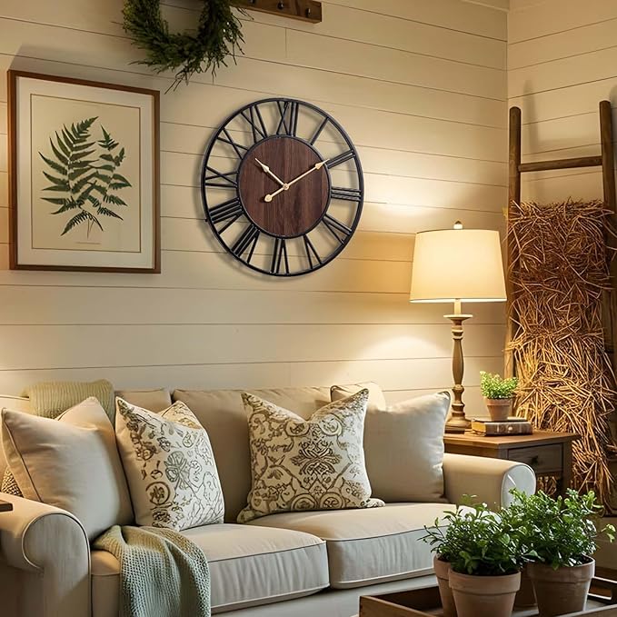 Vantic 24 Inch Large Wall Clock, Roman Numeral Wood Oversized Wall Clocks for Living Room Decor, Farmhouse, Bedroom and Kitchen, Completely Silent, Non Ticking, Battery Operated