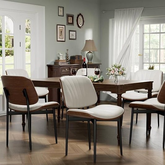Dining Chairs Set of 6, Dining Room and Kitchen Chairs, Mid Century Modern Accent Chair, Upholstered PU Leather Chairs for Vanity with Walnut Bentwood and Metal Legs, Beige