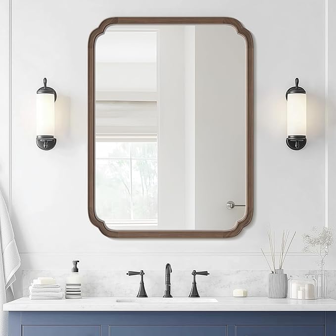 WallBeyond 30" x 40" Wood Bathroom Mirror for Wall Mounted, Rustic Rounded Corner Vanity Mirror for Entryway, Living Room or Bedroom Home Decorative [30" x 40" Walnut Color]