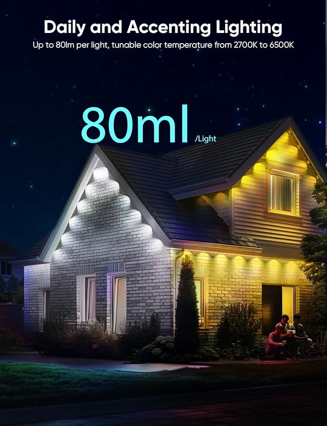 APPECK Permanent Outdoor Lights Pro 200ft, 144W RGBCW Eaves Lights with 144 LED Lights, 80lm, Cuttable, 111 Scene Modes, IP67 Waterproof Lighting for Christmas Decoration, Work with Alexa, Black