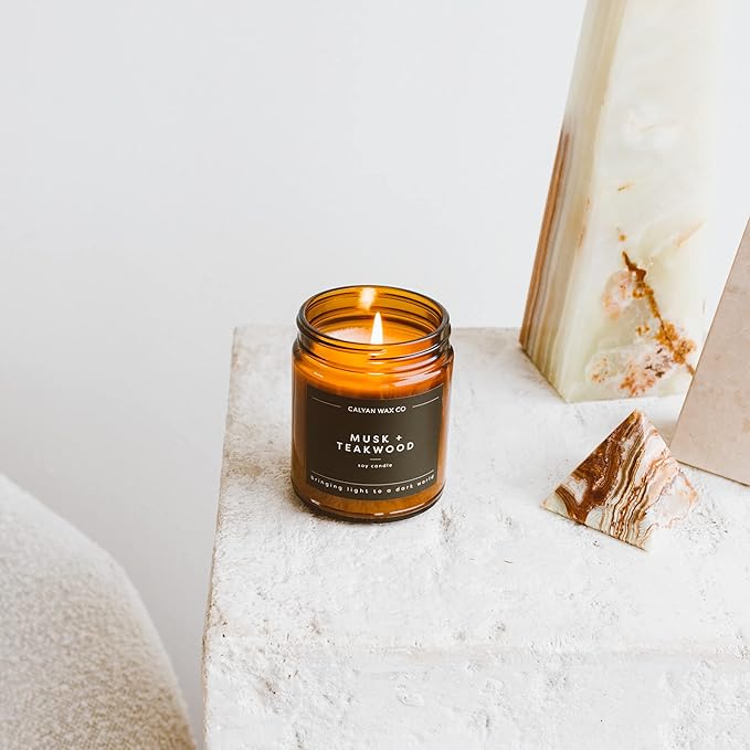 Calyan Wax Co. Musk & Teakwood Scented Candle - 57 Hour Burn - Luxury Non Toxic Soy Wax Candles - Long Lasting Amber Glass Jar Candle for Home - 7.2oz