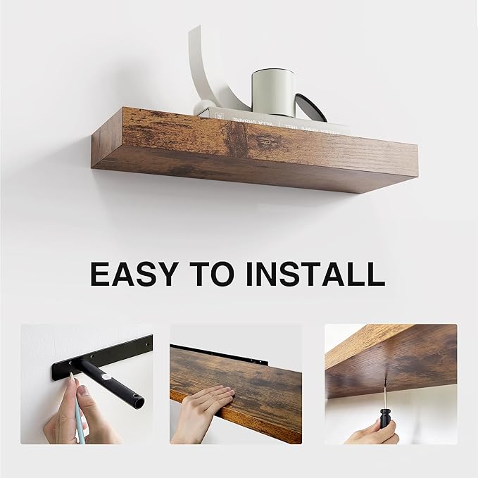 Floating Shelves for Wall Decor Set of 3, 15 Inch Wall Mounted Floating Shelf with Invisible Brackets, Rustic Wood Storage Shelf for Bathroom, Bedroom, Kitchen, Office, or Living Room, Rustic Brown