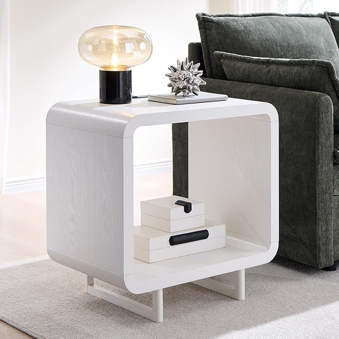 23.6" Modern End Table Set of 2, 2 Tier Side Table with Charging Station, Simple Bedside Table with Open Storage Shelf, Outlet, Wooden Nightstand for Bedroom, Living Room, Study, White