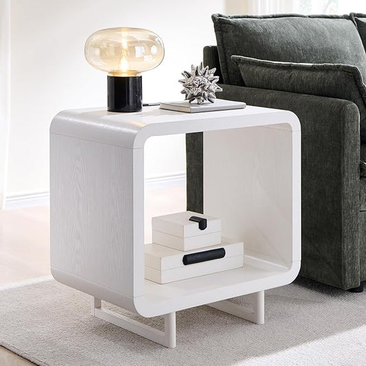 23.6" Modern End Table, 2 Tier Side Table with Charging Station, Simple Bedside Table with Open Storage Shelf, Outlet, Wooden Nightstand for Bedroom, Living Room, Study, Easy Assembly, White