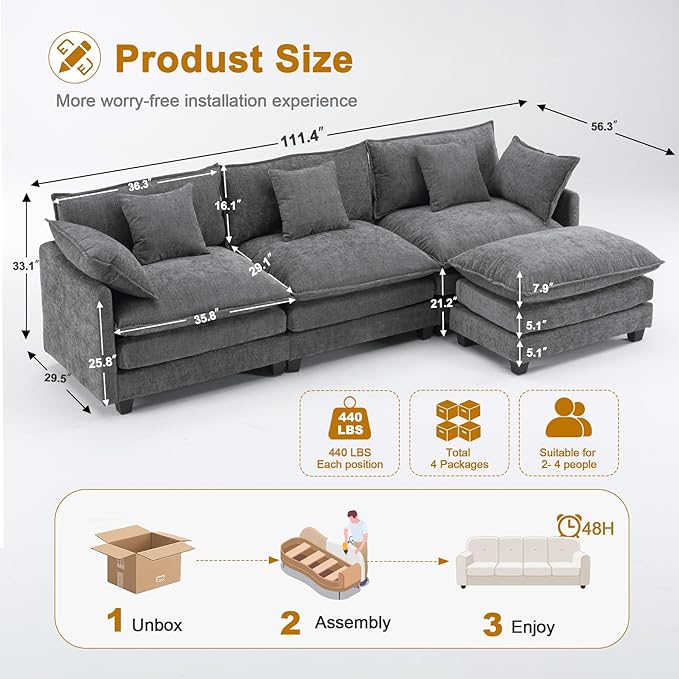 111.4" Cloud L Shaped Sectional Couch with Ottoman｜Modular Chenille Sofa with 29.1" Deep Seat｜FSC Solid Wood Frame｜Easy Assembly & 1YR Guarantee｜for Living Room Bedroom Apartment，Grey