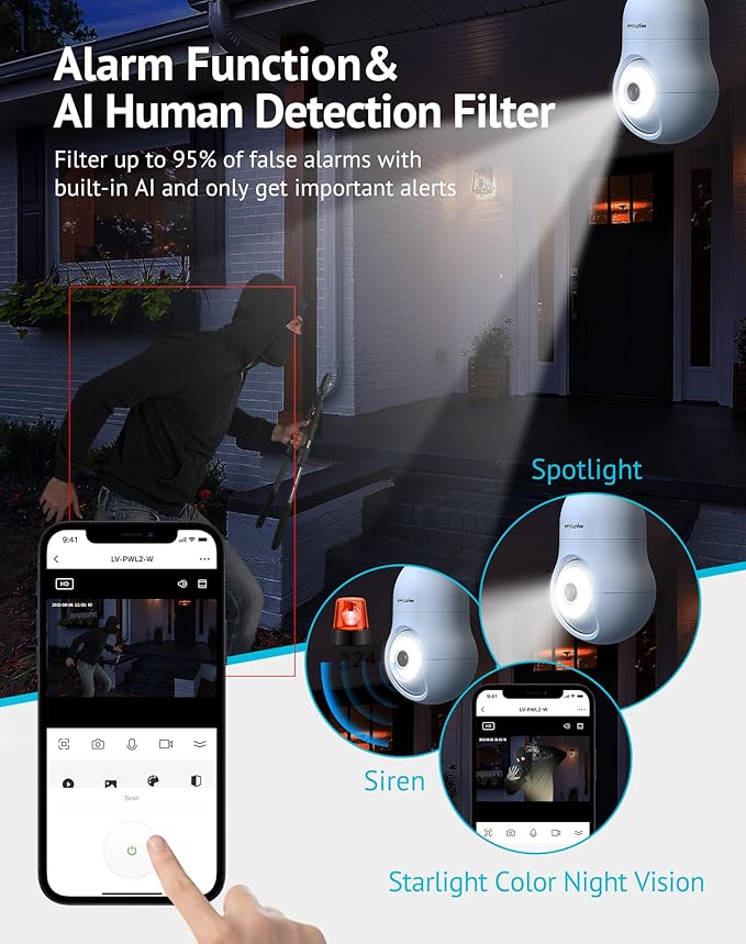 LaView 4MP Bulb Security Camera 5G& 2.4GHz WiFi, 360°2K Security Cameras Wireless Outdoor Indoor Full Color Day and Night, Motion Detection, Audible Alarm, Easy Installation, Compatible with Alexa