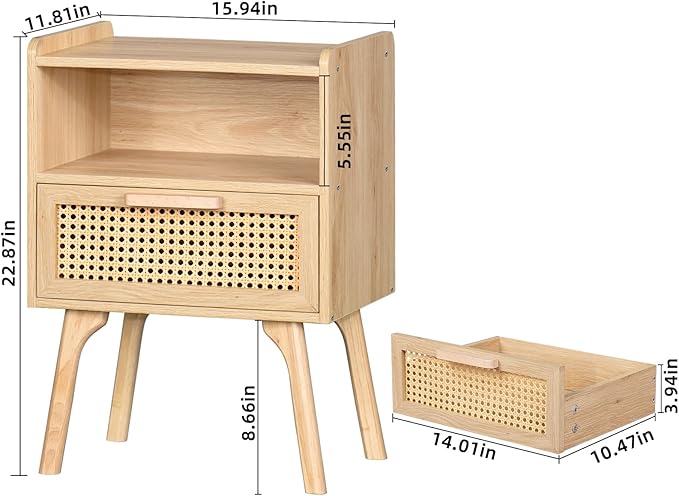 Lerliuo Rattan Nightstands Set of 2, Boho Side Table with Drawer Open Shelf, Cane Accent Bedside End Table with Solid Wood Legs for Bedroom, Dorm and Small Spaces (Natural)