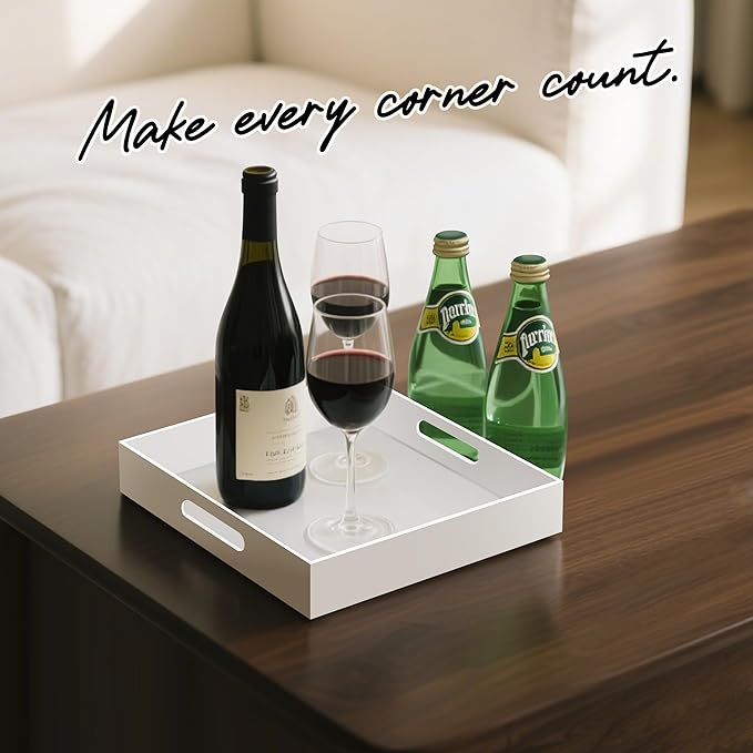 Glossy White Acrylic Serving Tray with Handles-Butler Trays for Coffee Table, Snacks,Breakfast in Bed, Kitchen Countertop,Vanity,Makeup Organizer,Ottoman (White, 12x12 Inches)