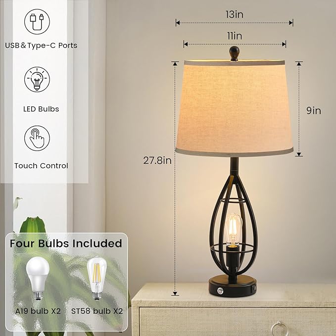 27.8" Farmhouse Table Lamps for Living Room Set of 2, Rustic Nightstand Lamps for Bedroom End Tables with USB Ports, 3-Way Dimmable Touch Industrial Bedside Lamps, Bulbs Included(Black)