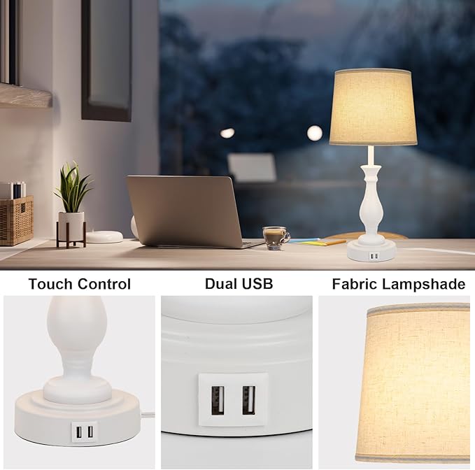 Farmhouse Table Lamp Touch Control 3-Way Dimmable Table Lamp, Modern Nightstand Lamp with 2 USB Port Bedside Desk Lamp with Fabric Shade for Living Room Bedroom Hotel (Pack 1-Off White)