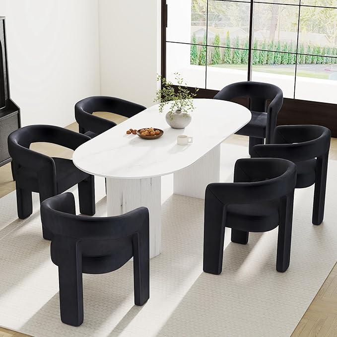 Modern Barrel Dining Chairs Set of 6, Velvet Upholstered Accent Side Chair with Arms Comfy Makeup Vanity Chairs, Dining Living Room Kitchen Chairs, Black