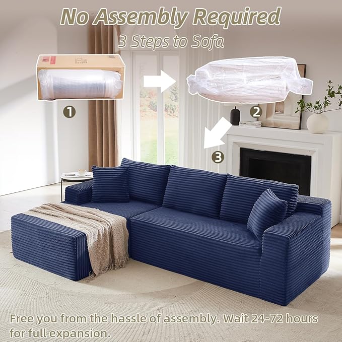 Modular Cloud Sectional Couch with L-Shape Chaise,Modern Upholstered Couches with Deep Seat,Corduroy Sponge Compressed Sofa for Living Room,No Assembly Required (Blue)