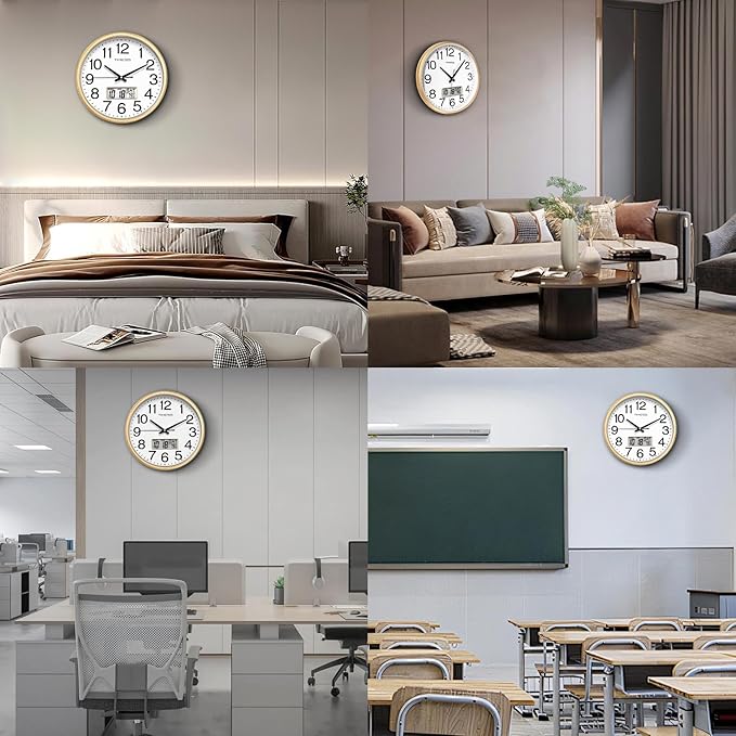 Wall Clock, 16 Inch Non-Ticking Silent Battery Operated Quartz Analog with LCD Display for Perpetual Calendar and F° Temperature, Ideal Modern Home, Bedroom, Kitchen, Office Décor (Gold)