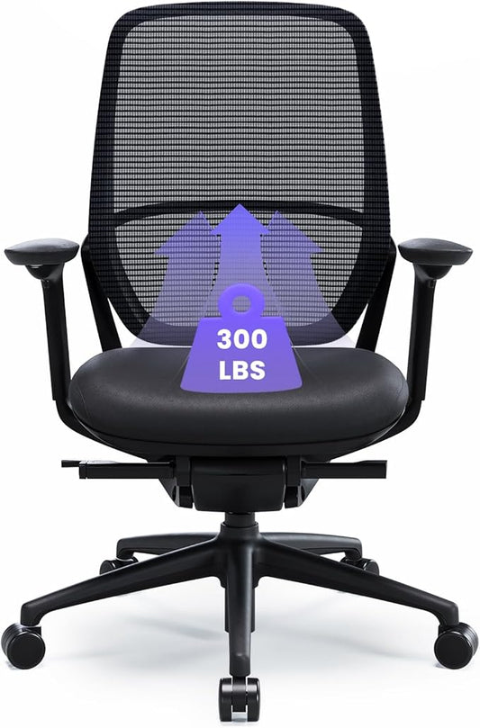 COLAMY Ergonomic Office Chair with Adjustable Seat Depth, 4D Armrests, Lumbar Support, Breathable Mesh Back, Leather Seat Cushion, and Recline Lock – Ideal Executive Desk Chair for Professionals