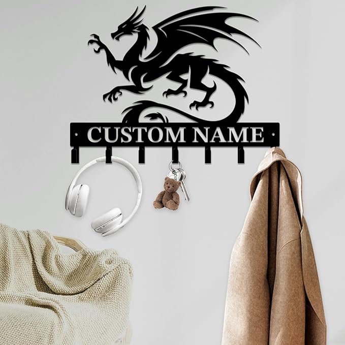 Personalized Evil Dragons Keys Hooks,Custom Name Metal Dragons Art Keys Hooks,Metal Dragons Lover Wall Home Storage Decorative Keys Hooks,Key Holder Hooks for Wall (Style B)