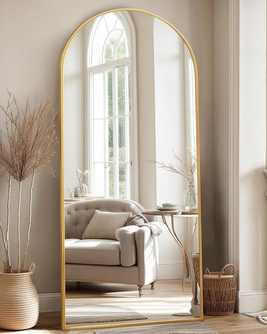 Full Length Mirror, 71"x28" Arched Floor Mirror Freestanding, Floor Standing Full Body Mirror with Stand for Bedroom, Hanging Mounted for Living Room Cloakroom, Gold