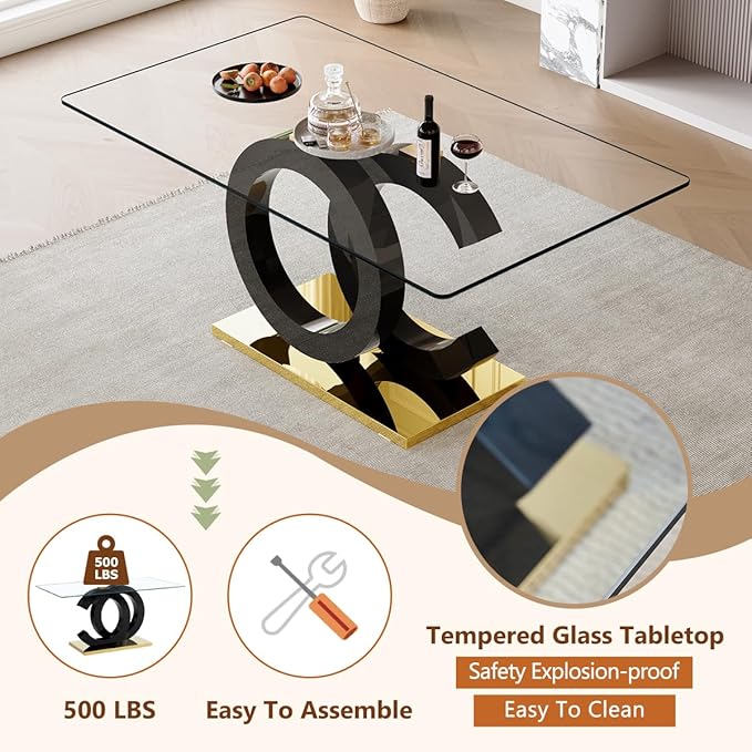 63'' Glass Dining Table Set for 6, Kitchen Table Chairs Set of 6, Clear Glass Dining Table with Black unique design Leg and Gold Metal Base, 6 PU Dining Chairs with Metal Legs, Living Room, Kitchen.