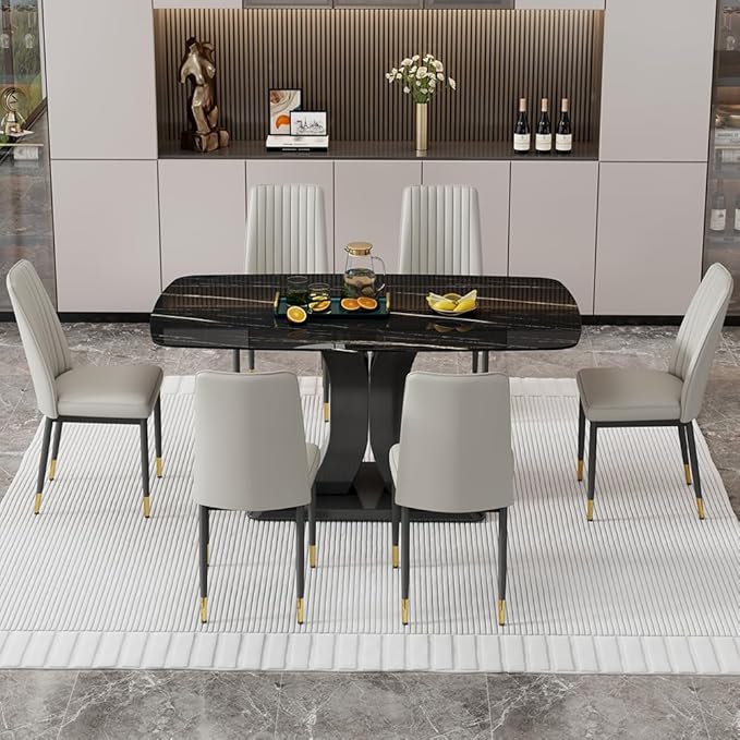 Modern Dining Table Set for 6, Marble Kitchen Table Chair Set for 6, Rectangular Kitchen Table with 6 Pu Leather Upholstered Chair for Dining Room (White with 6 Light Grey Chairs)