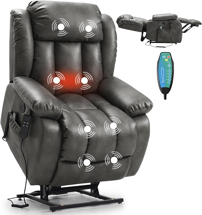 PARKOL Dual Motor Power Lift Recliner Chair for Elderly, 180-Degree Infinite Position Lay Flat Leather Recliner Chairs, with Massage and Heating, USB & Type-C Port and Remote (Sliver Gray, Medium)