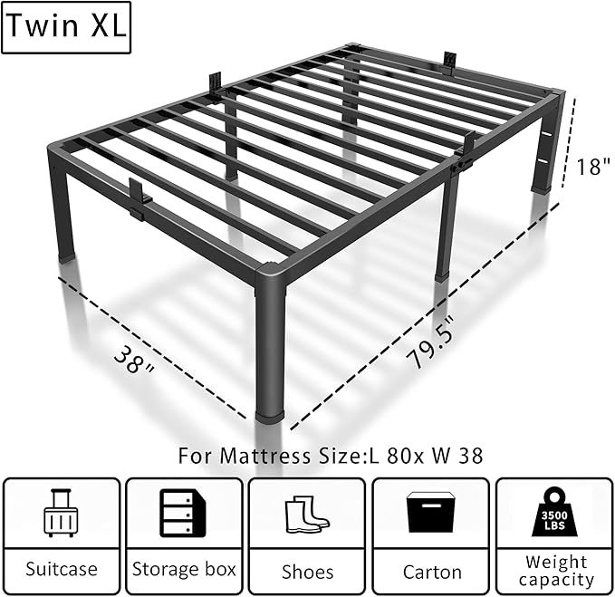 ROIL 18 Inch Twin XL Bed Frame with Rounded Corner and Headboard Hole Mattress Retainers 3500LBS Metal Heavy Duty Steel Slats No Box Spring Needed Platform Noise-Free Easy Assembly