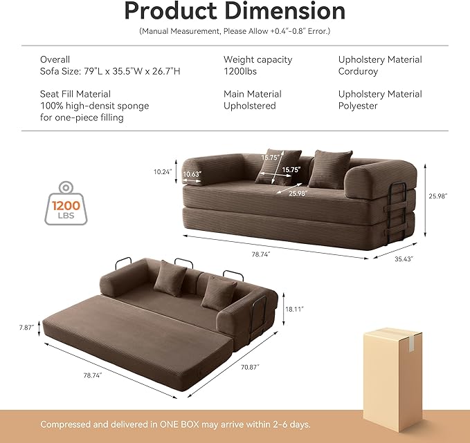 Convertible Modular Sleeper Sofa Bed, Mid Century Modern Decor Love Seat Memory Foam Couches, Sleeper Sofa Bed for Living Room, Solid & Easy to Install Cloud Couch (Brown)