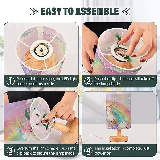 Bedside Lamp Pink Unicorn Cute Table Lamp with USB Port Wood Base for Living Room,Bedroom,Nightstand 214B5433