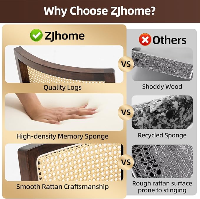 Upholstered Rattan Dining Chairs Set of 4, Mid-Century Modern Fabric Dining Room Chair with Brown Hardwood Frame, Curved Backrest Kitchen Chairs Armless Accent Chairs for Living Room (Cream)