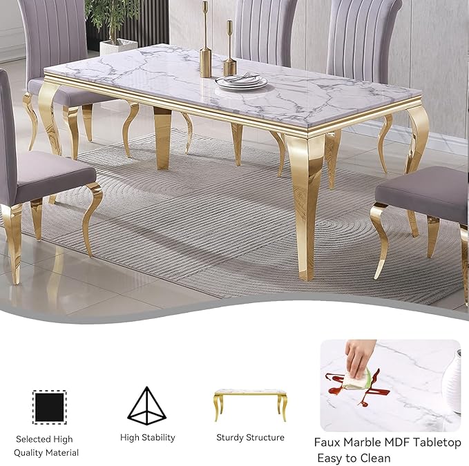 70" Marble Dining Table Set for 6, Modern 7 Piece Dining Room Table Set with White Faux Marble Dining Table & 6 Black Velvet Upholstered Chairs, Luxury Gold Kitchen Table Chairs Set of 6