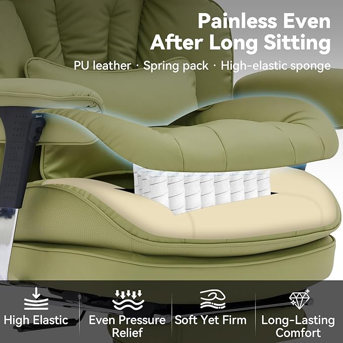 Efomao Big and Tall Office Chair 400lbs, Ergonomic High Back Executive Office Chair with Footrest, Wide Computer Desk Chair for Home Office, Comfortable PU Leather Heavy Duty Chair，Green