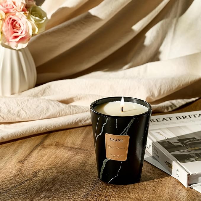 M&SENSE Oud Wood Scented Soy Candle, 3 Wick Highly Scented 14.1 Oz 80H, Aromatherapy Christmas Gift for Women and Men