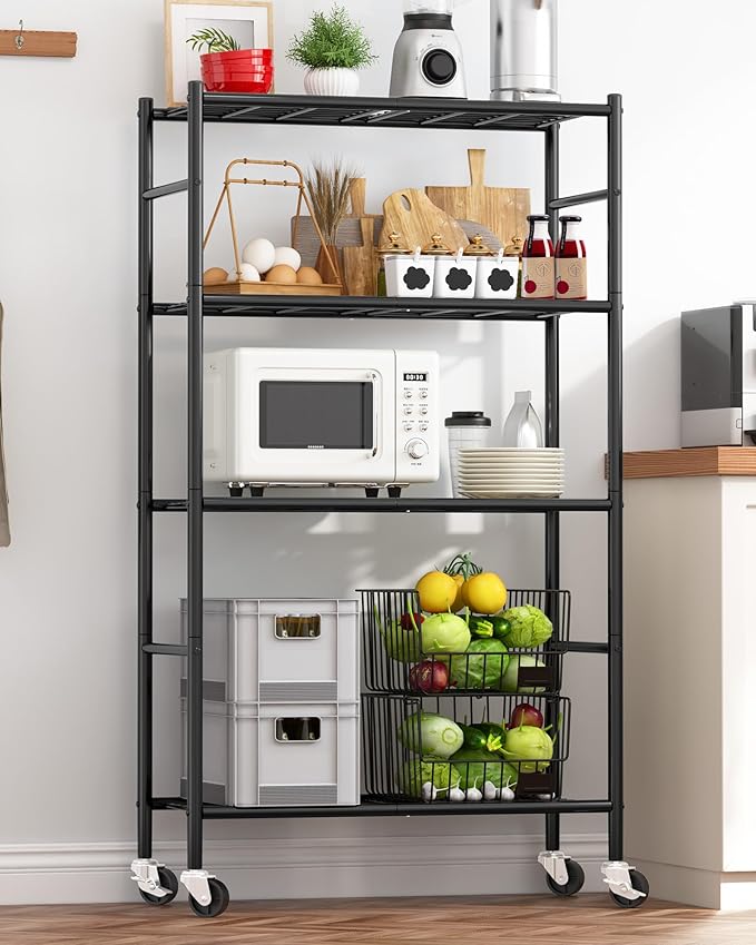 Storage Shelves Organizer - 4 Tier Metal Shelf Organizer with Metal Wheels and Adjustable Leveling Feet, Heavy Duty Garage Shelving for Kitchen, Pantry and Closet, 33.1"x12.6"x58.9", Black