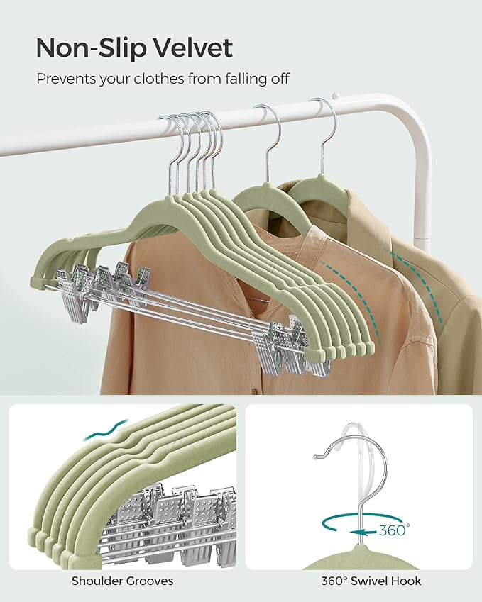 SONGMICS 30-Pack Pants Hangers, 16.7-Inch Long Velvet Hangers with Adjustable Clips, Heavy-Duty, Non-Slip Skirt Hangers, Space-Saving for Pants, Skirts, Coats, Dresses, Pale Green UCRF012GR30