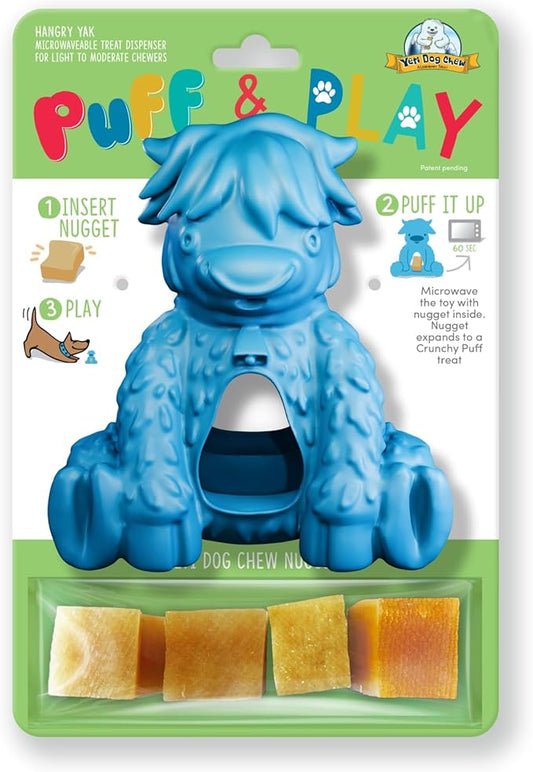 Yeti Dog Chew Puff and Play Interactive Dog Toys, Nuggets Dog Treat Dispenser Puzzle, Fun Stimulating Chew Toy for Teething, Behavior Training for Light to Moderate Chewers, (Blue- Yak)