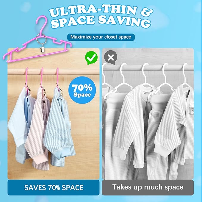 Baby Hangers with Metal Ring Clips, Children Plastic Hanger for Kids Pants Clothes Closet, 20 Pack, Rose red