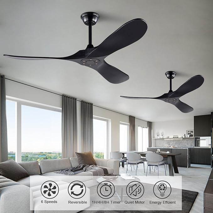 52 inch Ceiling Fan without Light, Quiet Reversible DC Motor Wood Ceiling Fan no Light, 3 Blades Modern Ceiling Fan with Remote Control for Outdoor Indoor Farmhouse Patios
