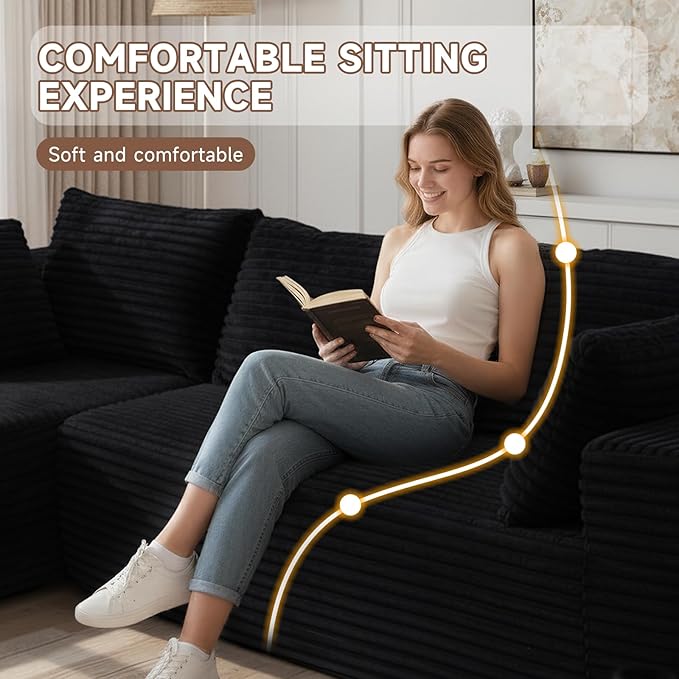 106" Cloud Couch Corduroy Modular Sectional Sofa L-Shape Boneless Couch with Wide Armrests and Cup Holders for Living Room Bedroom, No Assembly Required (Black)