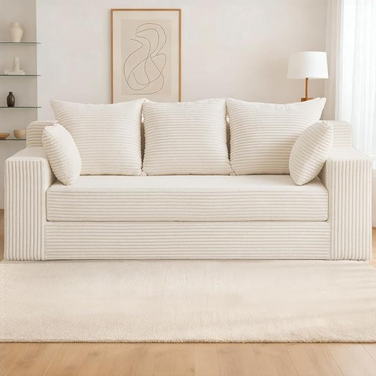 3 Seater Boneless Couch for Living Room, Convertible Futon Sofa Bed Comfy Pull Out Couch with 5 Pillows & Detachable Washable Cover, Upholstered Floor Sofa in A Box, No Assembly Required, Beige