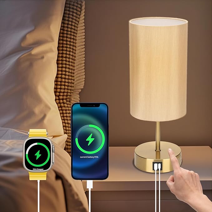 Bedside Table Lamp for Bedroom - 3 Way Dimmable Touch Lamp USB C Charging Ports and AC Outlet, Gold Base Round Flaxen Fabric Shade for Living Room, Desk, LED Bulb Included(Gold Touch Control)