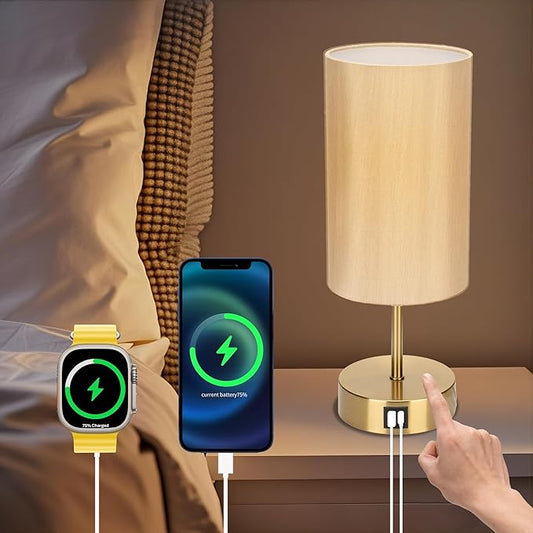 Bedside Table Lamp for Bedroom - 3 Way Dimmable Touch Lamp USB C Charging Ports and AC Outlet, Gold Base Round Flaxen Fabric Shade for Living Room, Desk, LED Bulb Included(Gold Touch Control)