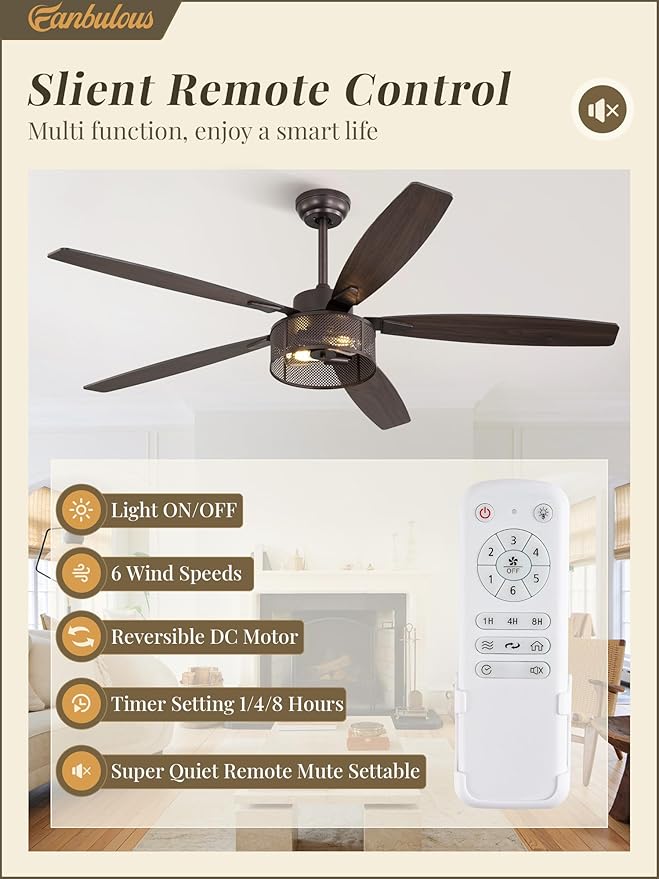 Fanbulous Farmhouse Ceiling Fans with Lights and Remote, 60 Inch Industrial Caged Ceiling Fans for Living Room Bedroom Kitchen, 6 Speed Reversible Quiet DC Motor, Dual Finish 5 Blades，Oil Bronze