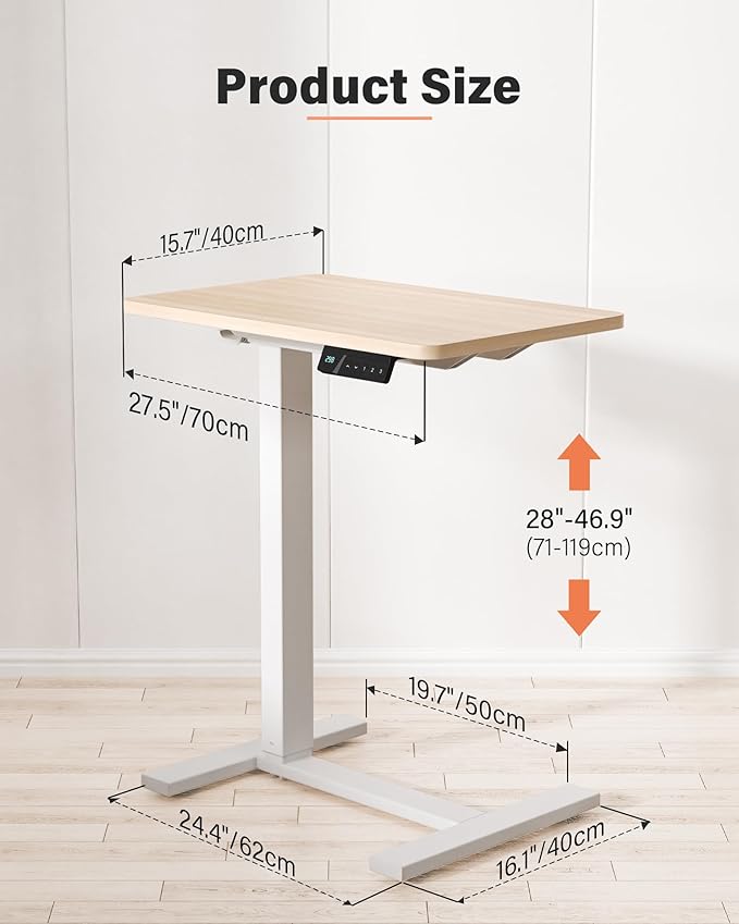 FiCiHi Small Electric Standing Desk - Adjustable Height Bedside Laptop Table with Wheels, Mobile, Portable Rolling Computer Workstation Sit Stand Table for Home Office, Sofa, Couch Use(28x16,Maple)