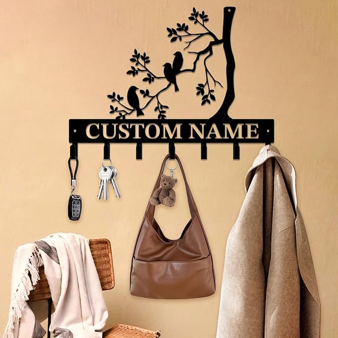 Personalized Custom Name Birds of Trees Wall Key Hooks,Metal Birds of Trees Art Clothes Hooks,Metal Birds of Trees Wall Home Storage Decorative,For Front Door, Hallway, Kitchen, Bedroom(Style G)
